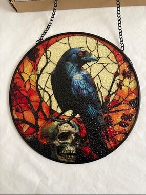 Crow w Skull Glass Suncatcher Window Hanging NIB